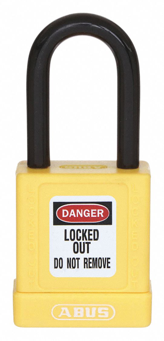 LOCKOUT PADLOCK, KEYED DIFFERENT, PLASTIC-COVERED ALUMINUM, STANDARD BODY, STEEL, YELLOW