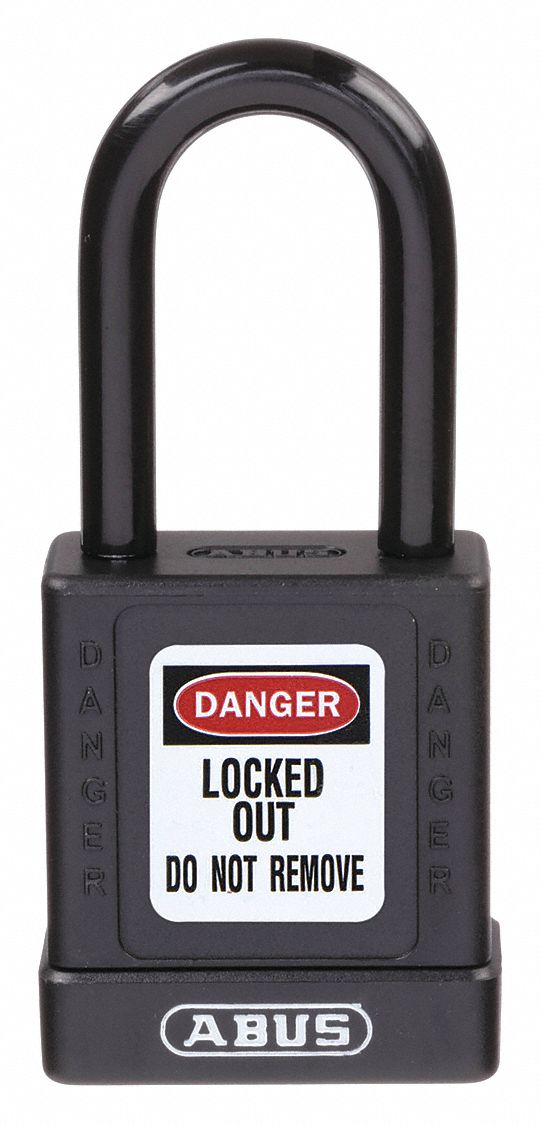 LOCKOUT PADLOCK, KEYED DIFFERENT, PLASTIC-COVERED ALUMINUM, STANDARD BODY, STEEL, BLACK