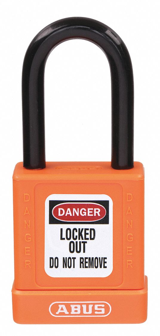 LOCKOUT PADLOCK, KEYED DIFFERENT, PLASTIC-COVERED ALUMINUM, STANDARD BODY, STEEL, ORANGE