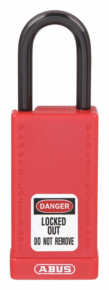 LOCKOUT PADLOCK, KEYED DIFFERENT, PLASTIC-COVERED ALUMINUM, LONG BODY, STEEL, STD, RED