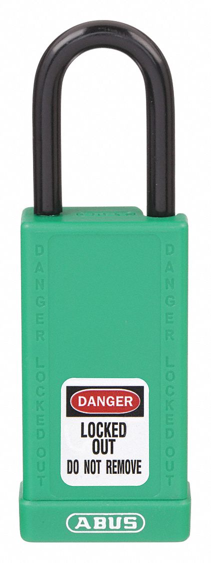 LOCKOUT PADLOCK, KEYED DIFFERENT, PLASTIC-COVERED ALUMINUM, LONG BODY, STEEL, STD, GREEN