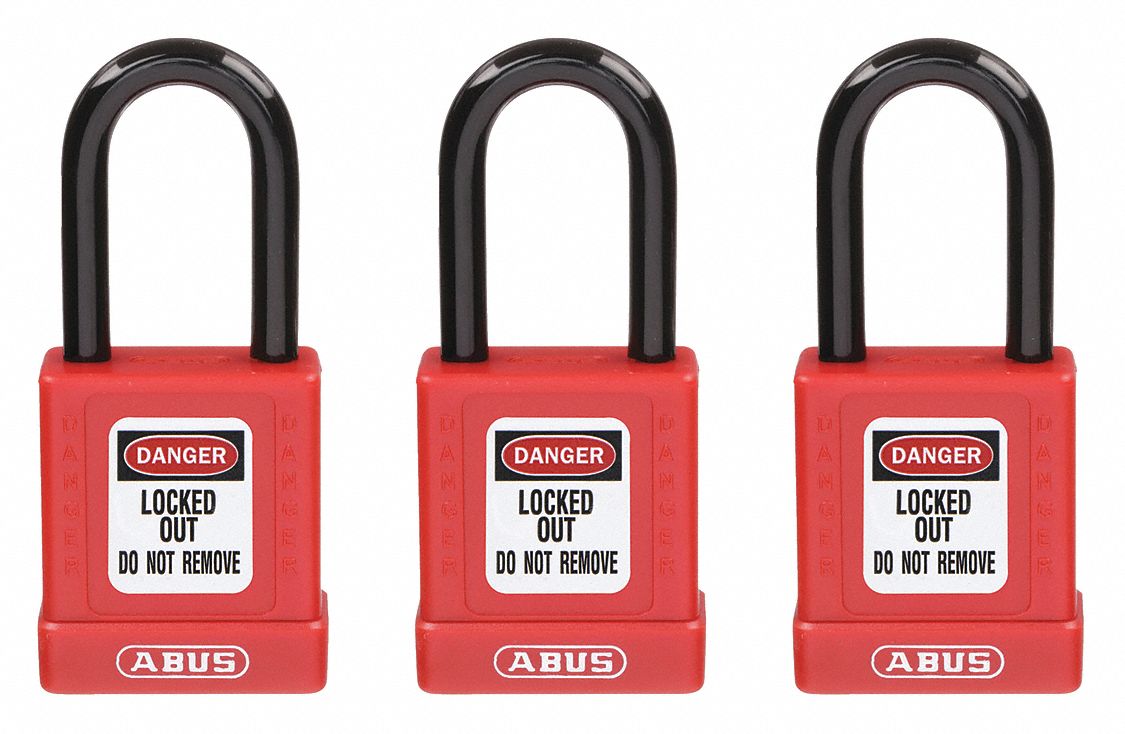 LOCKOUT PADLOCK, KEYED ALIKE, PLASTIC-COVERED ALUMINUM, STANDARD BODY, STEEL, RED, 3 PK