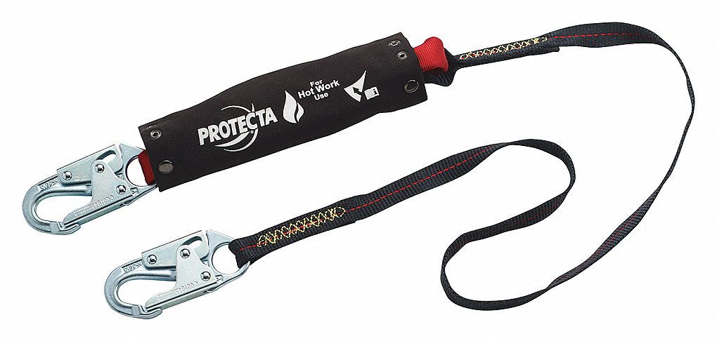 SHOCK-ABSORBING LANYARD, STANDARD HOOK, WEIGHT CAP 310 LBS, BLACK, 4 FT, STEEL HARDWARE