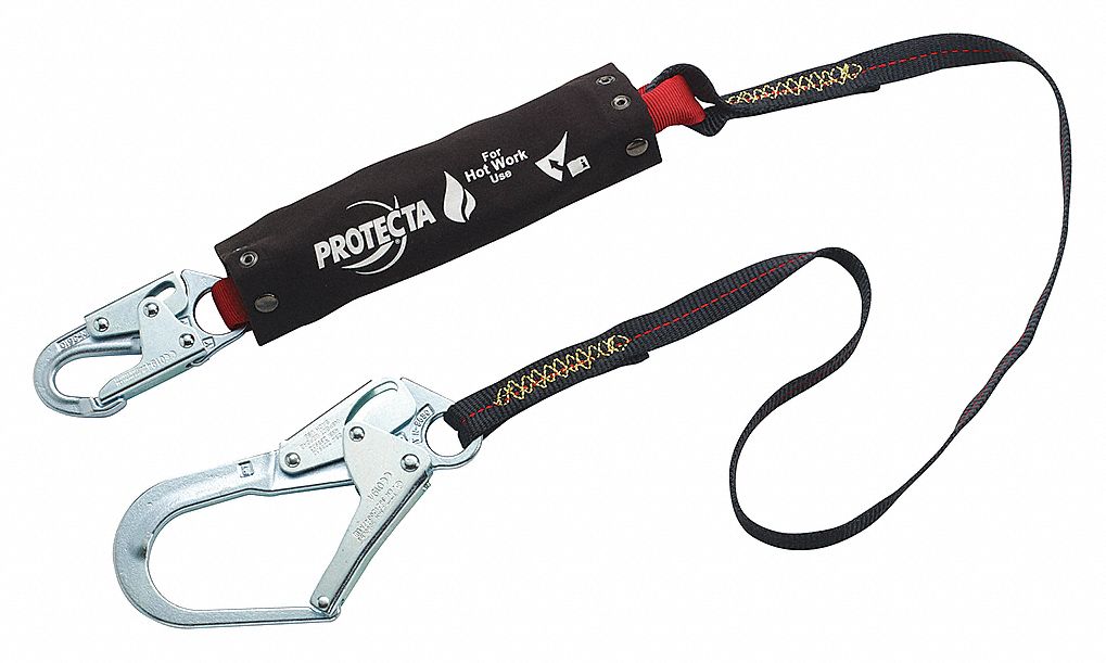 SHOCK-ABSORBING LANYARD, REBAR HOOK, 1 LEG, WEIGHT CAP 310 LBS, BLACK, 6 FT, STEEL HARDWARE