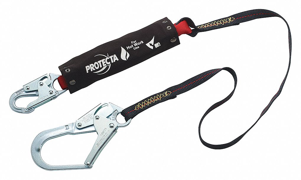 SHOCK-ABSORBING LANYARD, REBAR HOOK, WEIGHT CAP 310 LBS, BLACK, 6 FT, STEEL HARDWARE