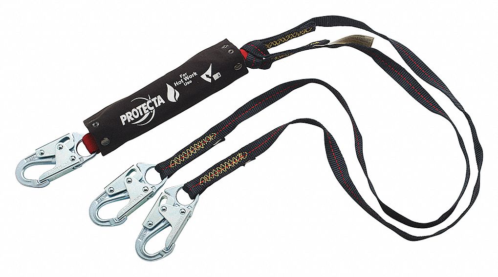 SHOCK-ABSORBING LANYARD, STANDARD HOOK, 2 LEGS, WEIGHT CAP 310 LBS, BLACK, 4 FT, STEEL HARDWARE