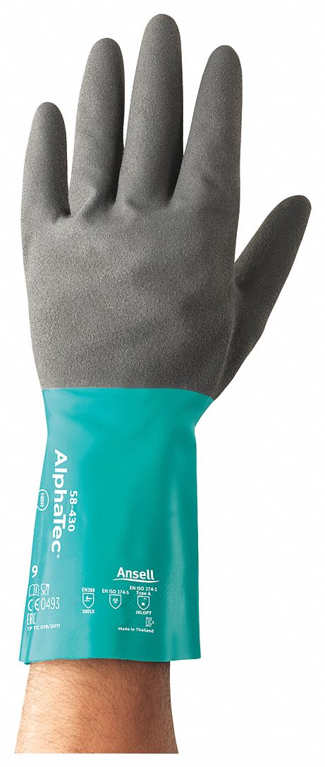 CHEMICAL-RESISTANT GLOVES, FLOCK-LINED, SZ XL/10, 12 IN L/10 MIL THICK, GRN/GREY, NITRILE/COTTON