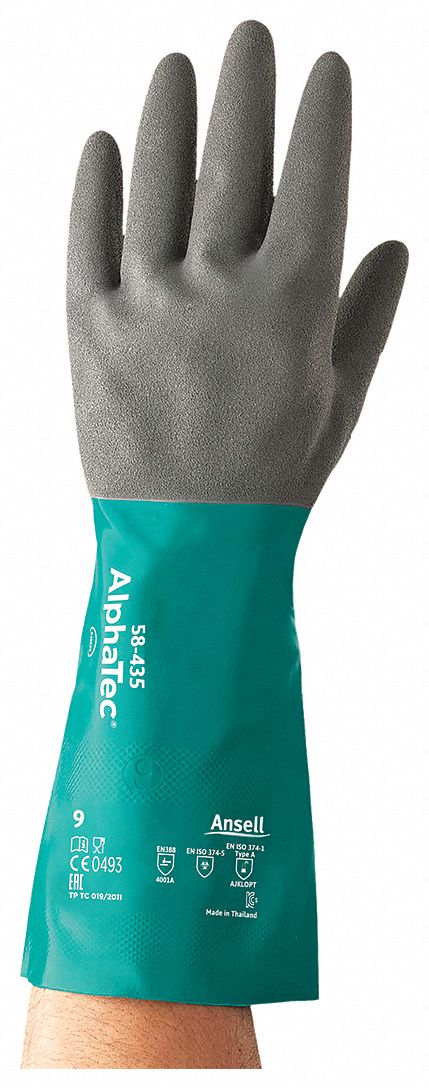 CHEMICAL-RESISTANT GLOVES, FLOCK-LINED, SZ S/7, 15 IN L/16 MIL THICK, GRN/GREY, NITRLE/COTTON