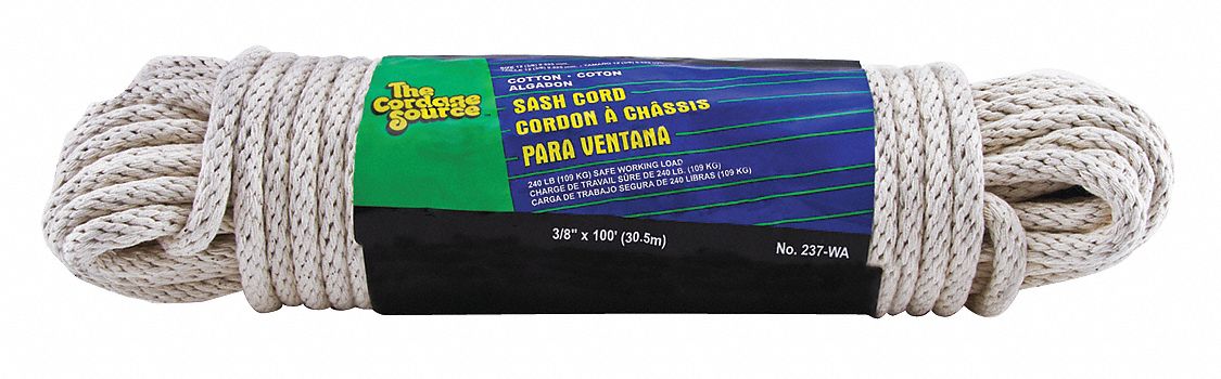 GENERAL PURPOSE UTILITY ROPE, BRAID, ⅜ IN DIAMETER, 295 LB WORKING LOAD LIMIT, COTTON