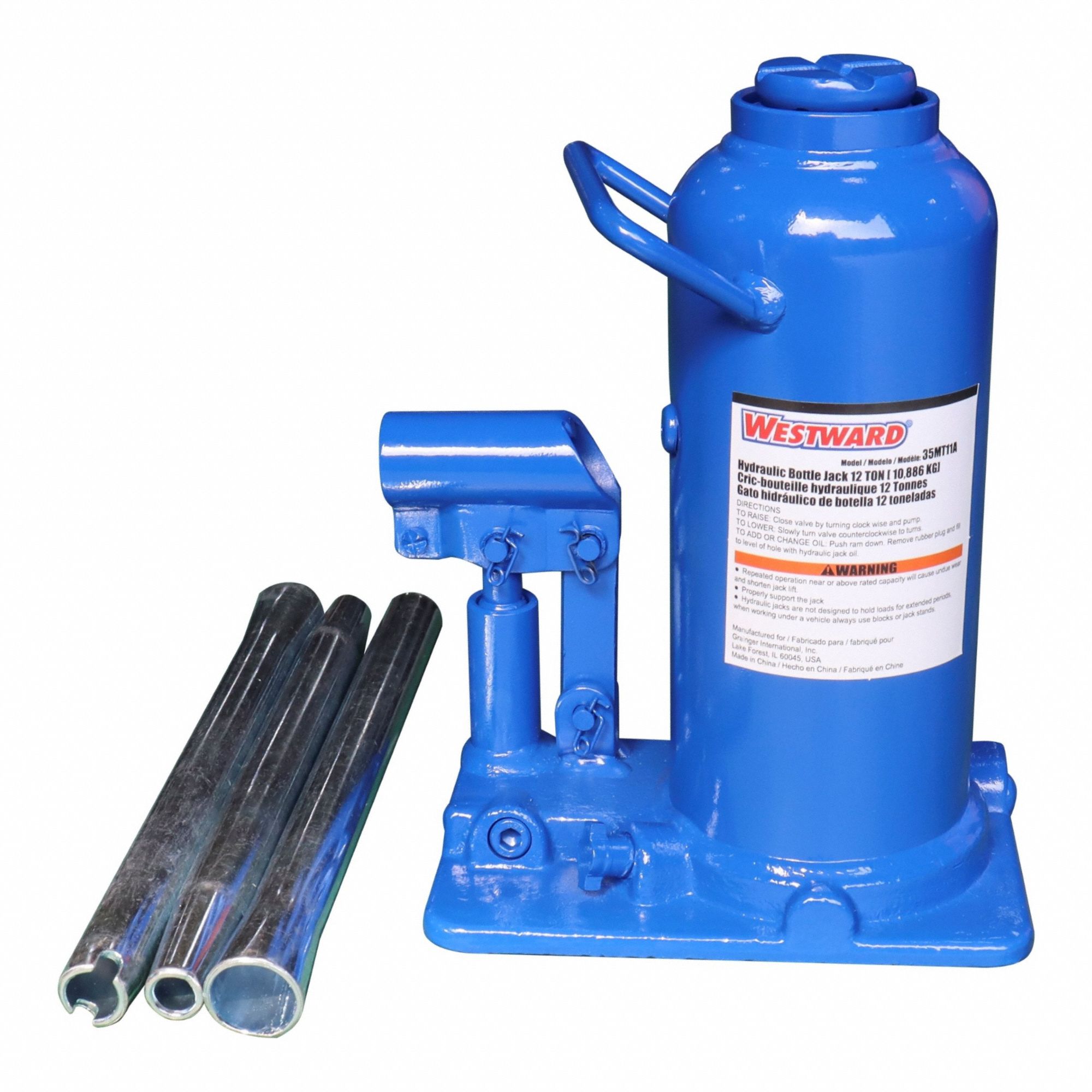 HIGH-CLEARANCE BOTTLE JACK, STEEL, MANUAL HANDLE, MECHANICAL, 9½ IN MIN H, 12 TON CAPACITY