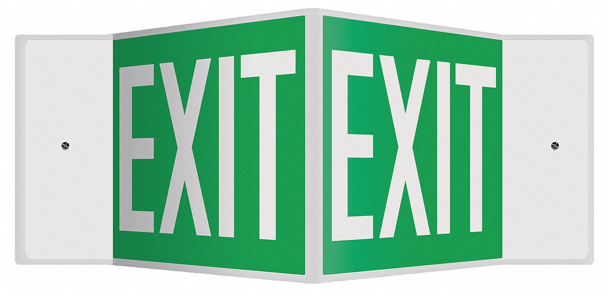 V-SHAPE PROJECTION EXIT SIGN, PLASTIC, 18 IN WIDTH, 8 IN HEIGHT, DOUBLE-SIDED, WHITE/GREEN