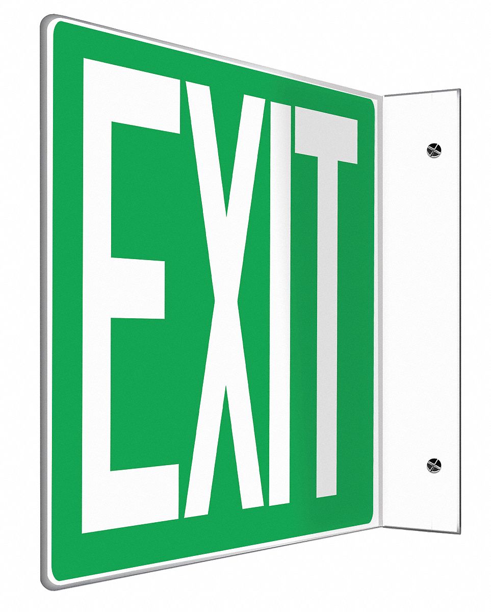 L-SHAPE PROJECTION EXIT SIGN, PLASTIC, 12 IN WIDTH, 8 IN HEIGHT, DOUBLE-SIDED, WHITE/GREEN