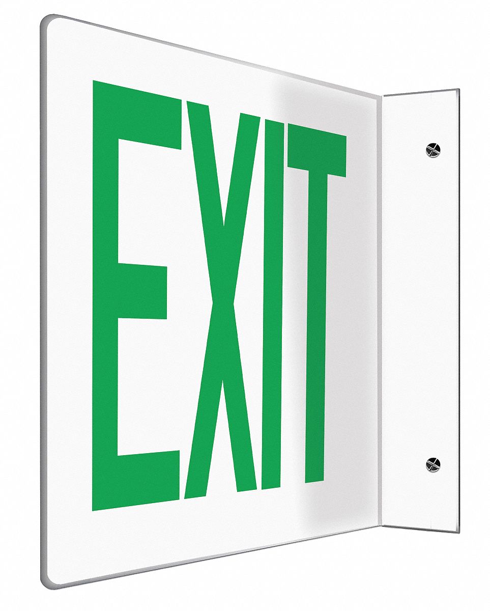 L-SHAPE PROJECTION EXIT SIGN, PLASTIC, 12 IN WIDTH, 8 IN HEIGHT, DOUBLE-SIDED, GREEN/WHITE