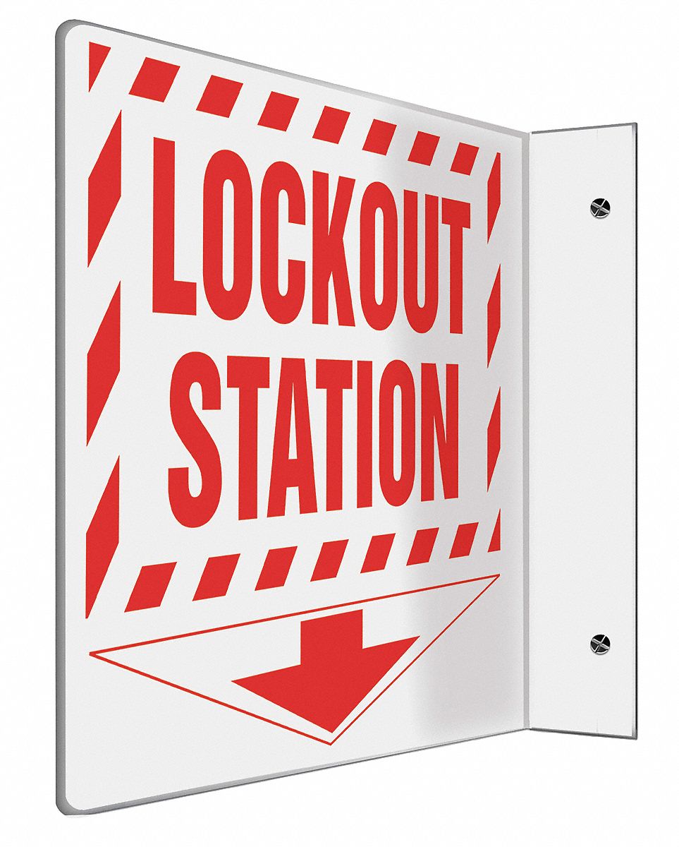 L-SHAPE PROJECTION SIGN, PLASTIC, LOCKOUT STATION (W/DOWN ARROW), NO HEADER, L-SHAPED, 8 IN HEIGHT, MOUNTING HOLES