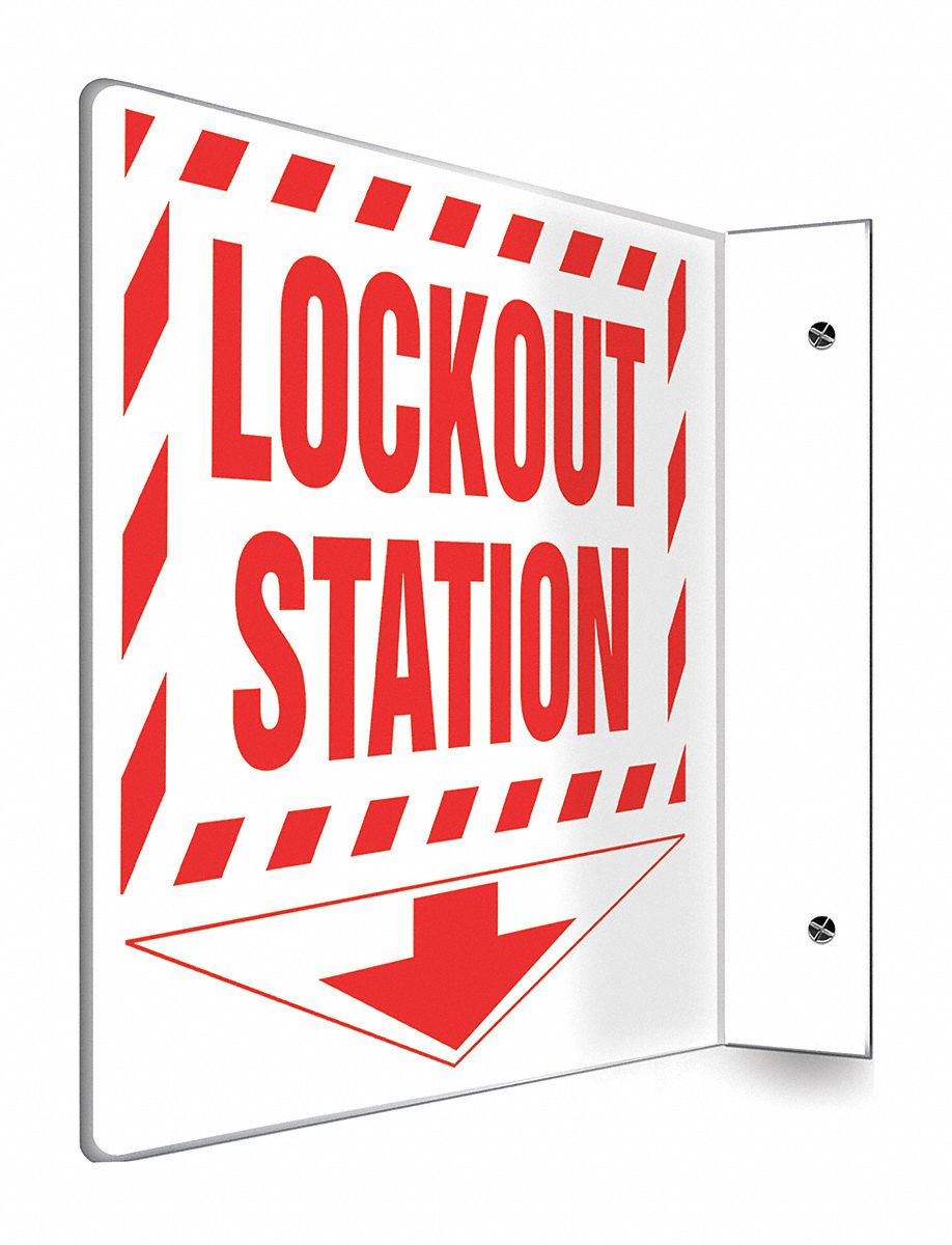 L-SHAPE PROJECTION SIGN, PLASTIC, LOCKOUT STATION (W/DOWN ARROW), NO HEADER, L-SHAPED, 8 IN HEIGHT, MOUNTING HOLES
