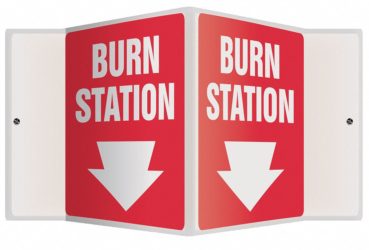 V-SHAPE PROJECTION SIGN BURN STATION, PLASTIC, 8½ IN WIDTH, 6 IN HEIGHT, RED, WITH MOUNTING HOLES, V-SHAPED