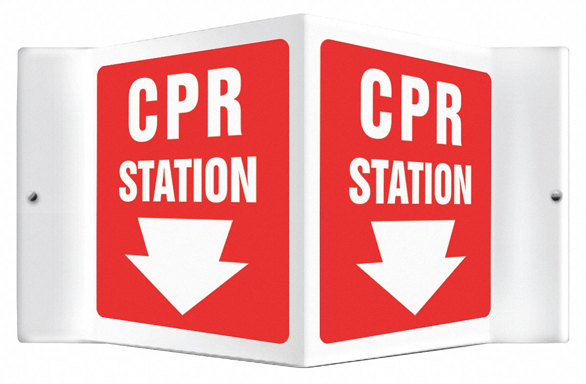 V-SHAPE PROJECTION SIGN, CPR STATION, PLASTIC, 8½ IN WIDTH, 6 IN HEIGHT, RED, WITH MOUNTING HOLES, V-SHAPED