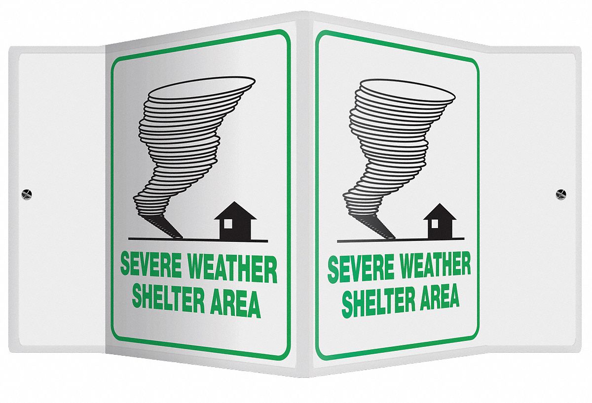EVACUATION SIGN, ASSEMBLY OR SHELTER, NO HEADER, PLASTIC, 6 IN X 8½ IN, WITH MOUNTING HOLES, V-SHAPED