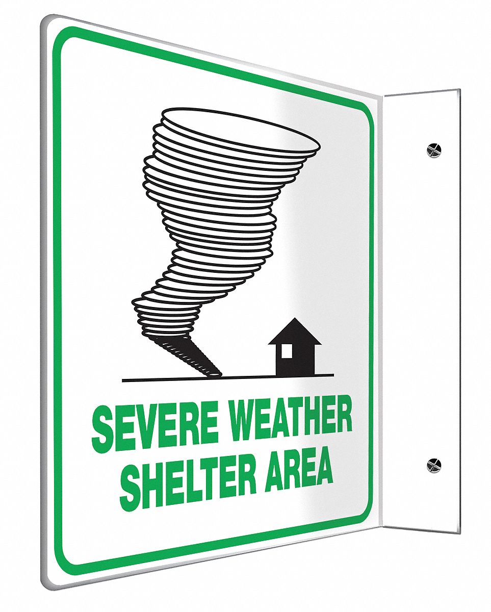 EVACUATION SIGN, ASSEMBLY OR SHELTER, NO HEADER, PLASTIC, 8 IN X 8 IN, WITH MOUNTING HOLES, L-SHAPED