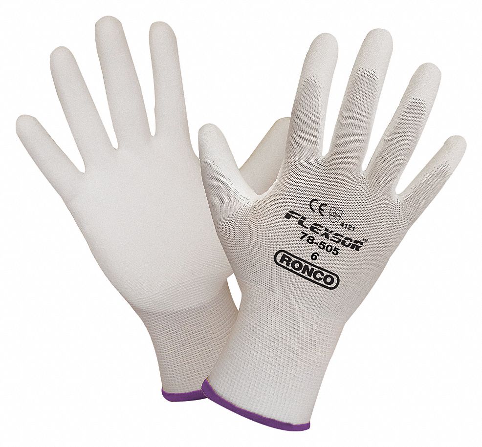 SAFETY GLOVES, 8 3/4 IN L, SIZE 6/XS, WHITE, NYLON