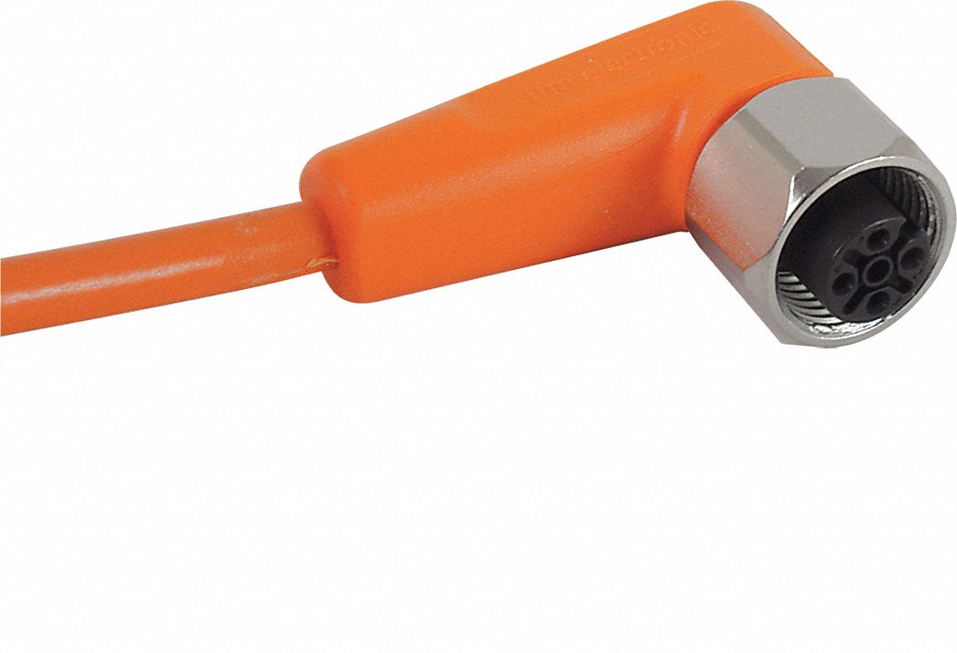 Cordset: M12 Female Right Angle X Bare Wire, 5 Pins, Orange, PVC, 10 m Cable Lg, 4 A Max Current (A)