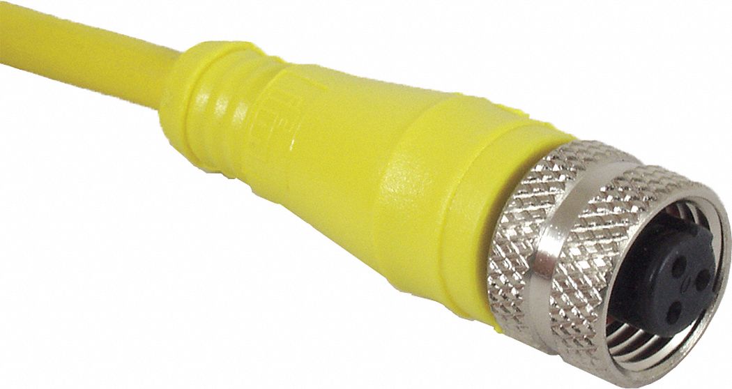Cordset: 1/2"-20 Female Straight x Bare Wire, 3 Pins, Yellow, PVC, 2 m Cable Lg, 4 A Max Current (A)