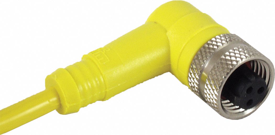 Cordset: 1/2"-20 Female Right Angle x Bare Wire, 3 Pins, Yellow, PVC, 5 m Cable Lg, 22 AWG Wire Size