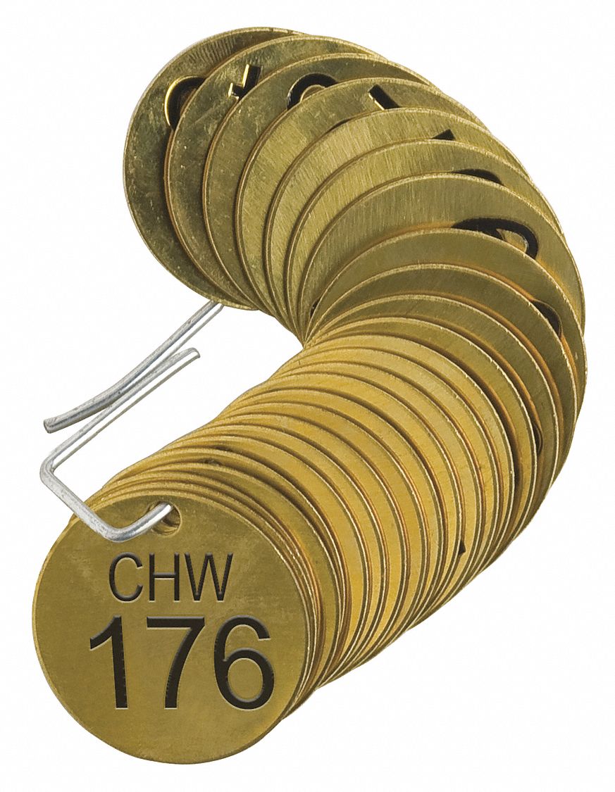 Numbered Tags: Brass, 1 1/2 in Dia, CHW (Chilled Water), 176-200, Brass, 0.04 in Thick, Round, 25 PK
