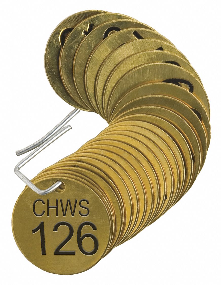 Numbered Tags: Brass, 1 1/2 in Dia, CHWS (Chilled Water Supply), 126-150, Brass, Round, 25 PK
