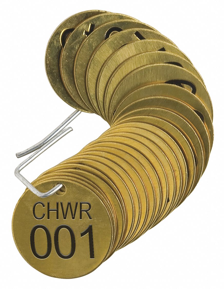 Numbered Tags: Brass, 1 1/2 in Dia, CHWR (Chilled Water Return), 001-025, Brass, Round, 25 PK