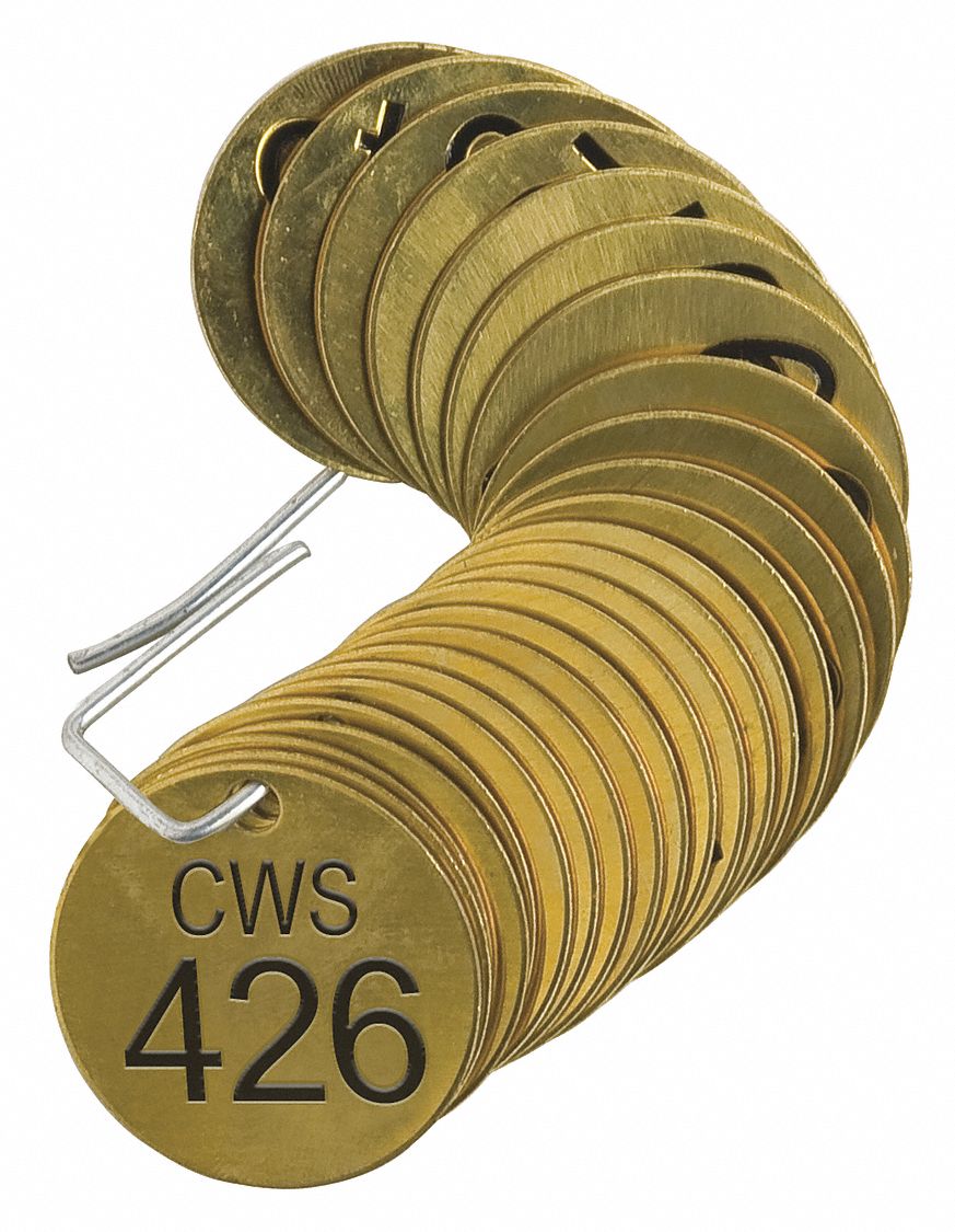 Numbered Tags: Brass, 1 1/2 in Dia, CWS (Cold Water Supply), 426-450, Brass, 0.04 in Thick, 25 PK