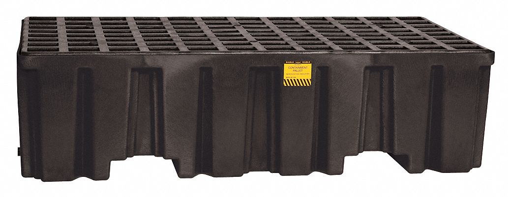 SPILL PALLET, 2 DRUMS, UNCOVERED, 66 GAL SPILL CAP, BLACK, 26 1/4 X 51 X 13 3/4 IN, POLYETHYLENE