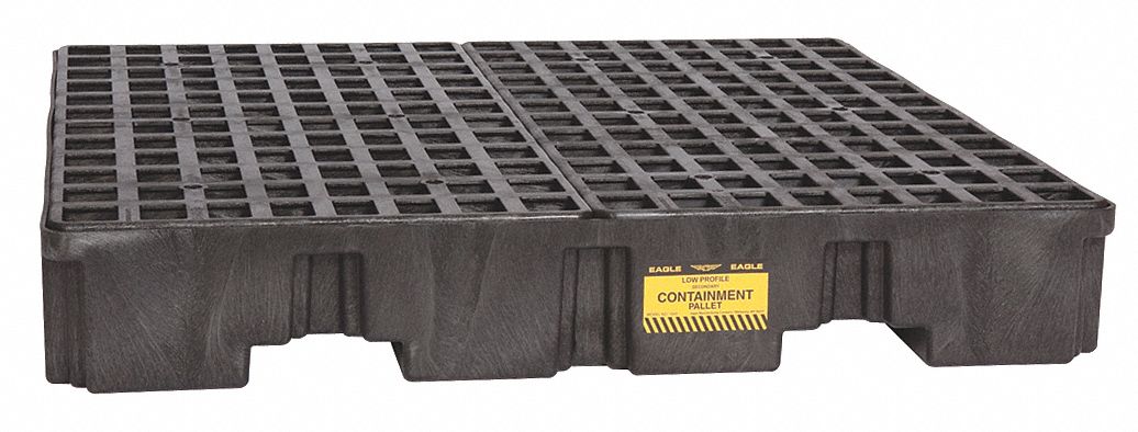SPILL PALLET, 4 DRUM, CHEMICAL RESIST, BLACK, 51 1/2 X 51 1/2 X 8 IN, POLYETHYLENE