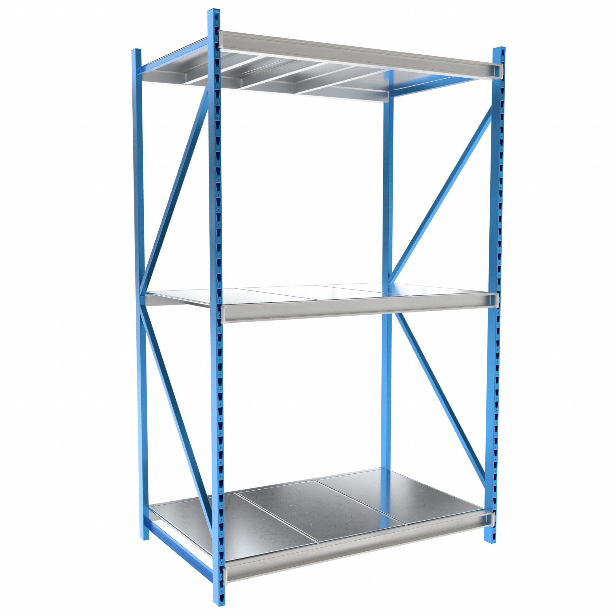 Bulk Rack Shelving: Starter, Heavy-Duty, 72 in x 48 in x 123 in, Solid Steel, 3 Shelves