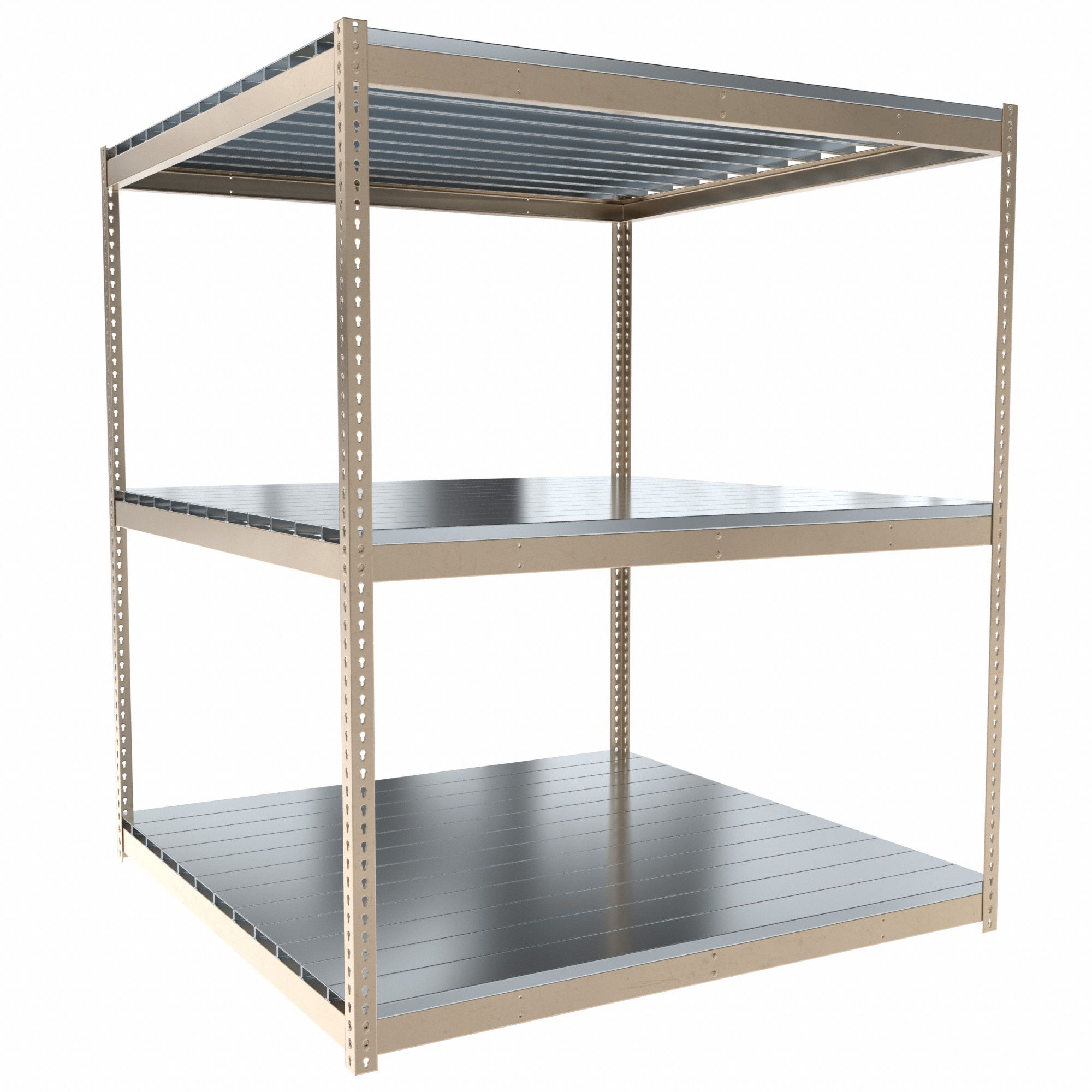 Boltless Shelving: Starter, Medium-Duty, 72 in x 36 in, 84 in Overall Ht, 3 Shelves, Steel