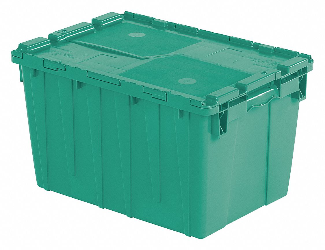 Attached Lid Tote: 13.5 gal, 21 3/4 in x 15 1/4 in x 12 7/8 in, Green Body, Green Lid, Plastic