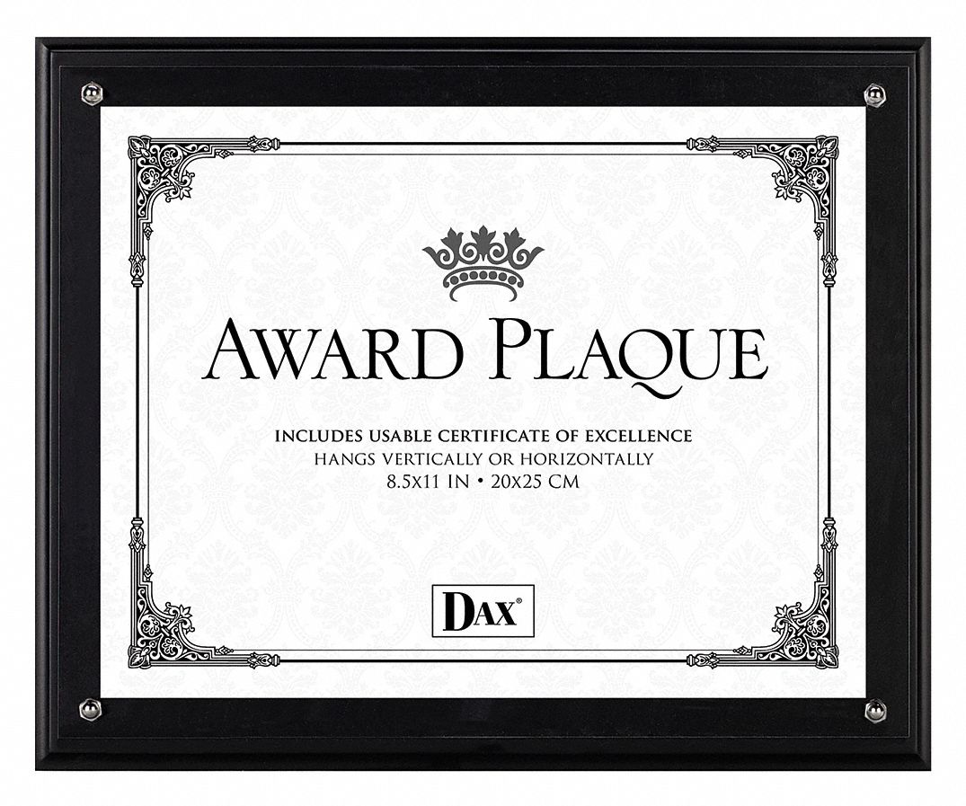 Award Plaque with Clear Front Cover: 8-1/2 x 11 in Frame Size, Wood/Acrylic, Black