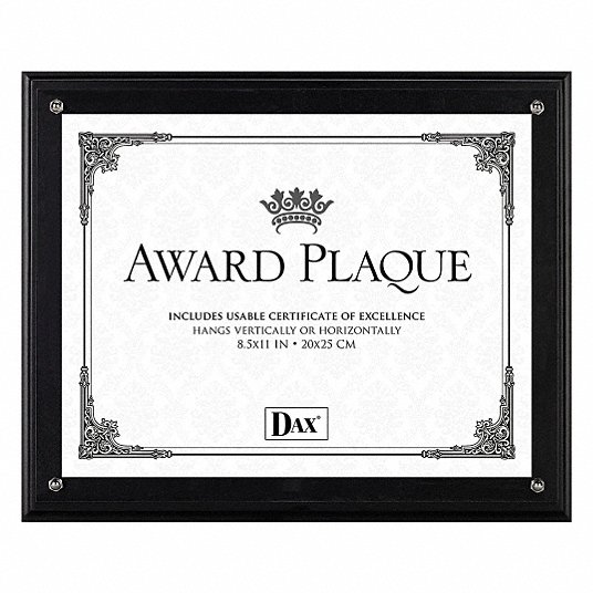 Award Plaque with Clear Front Cover: 8-1/2 x 11 in Frame Size, Wood/Acrylic, Black