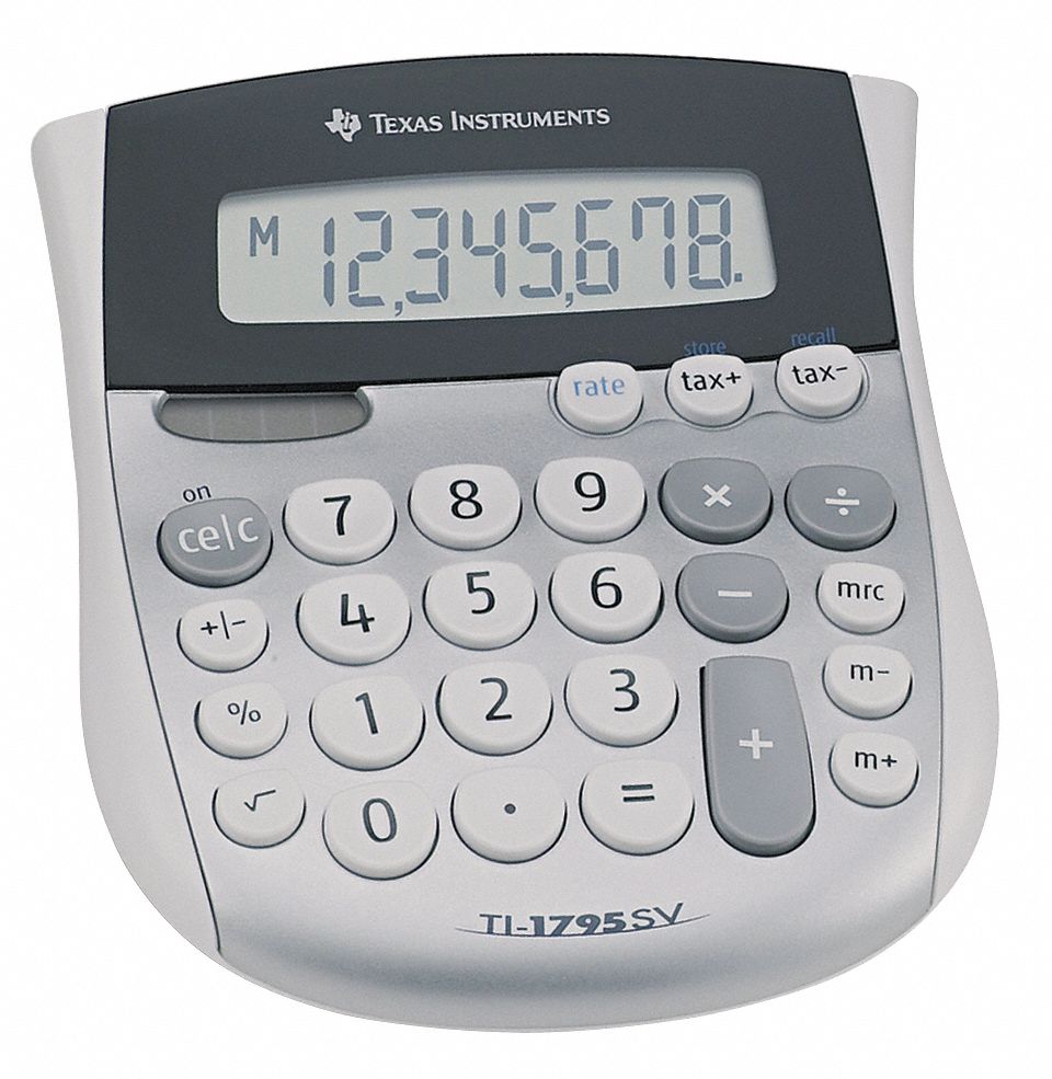 Texas Instruments Minidesk Calculator, 8 Display Digits, 5 3/8 In Length, 4  1/8 In Width, Battery, Solar - 35W792|Texti1795Sv - Grainger
