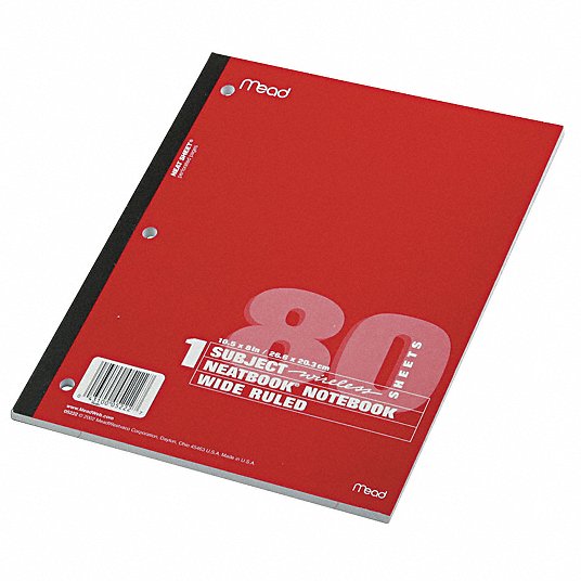 Notebook: 8 in x 10-1/2 in Sheet Size, Legal, White, 80 Sheets, 0% Recycled Content, Assorted