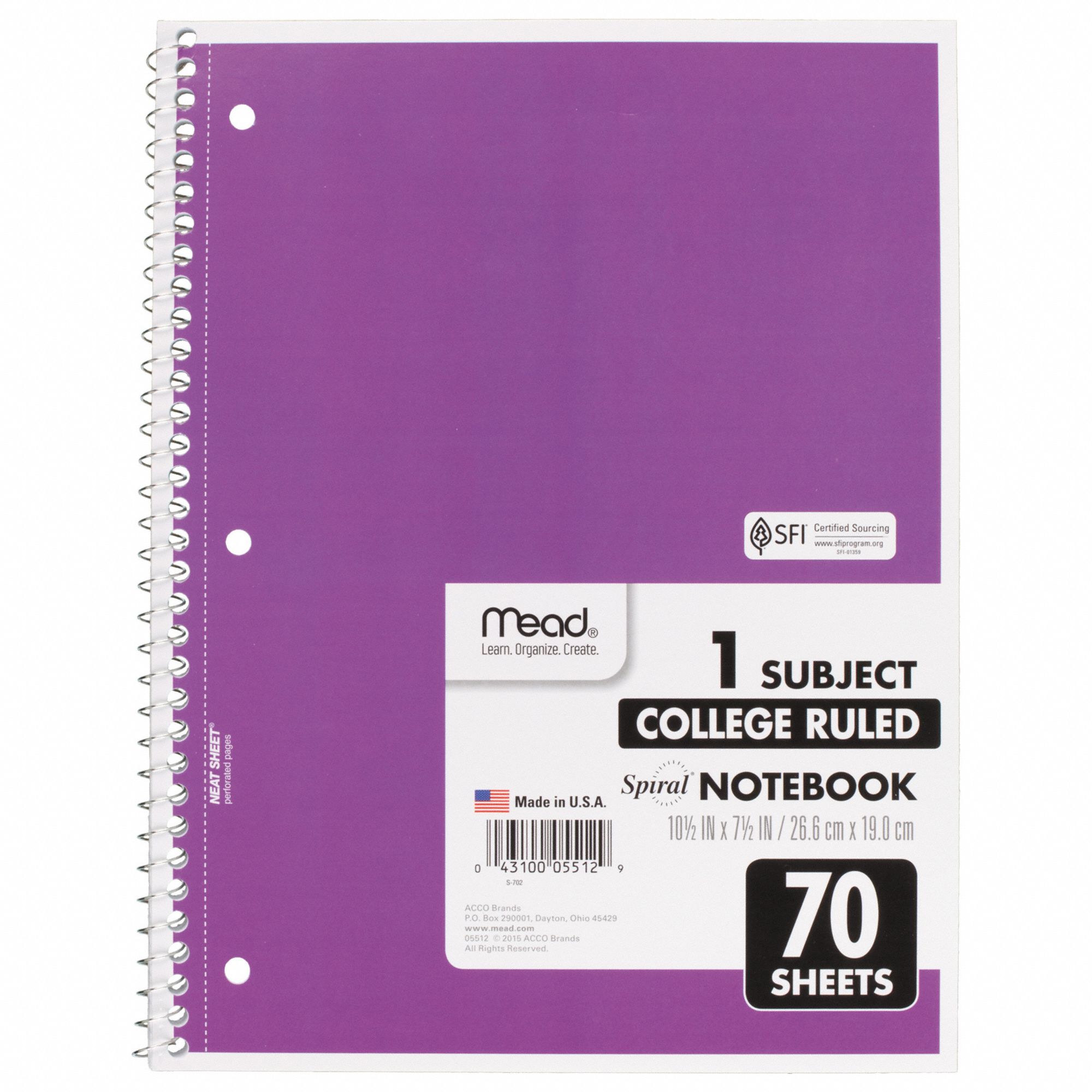 MEAD Notebook: 7-1/2 in x 10-1/2 in Sheet Size, College, White, 70 ...