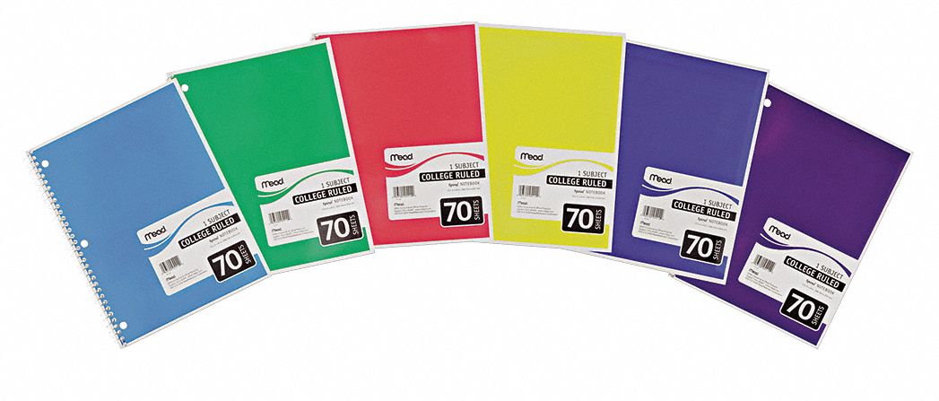 Notebook: 7-1/2 in x 10-1/2 in Sheet Size, College, White, 70 Sheets, 0% Recycled Content, Left