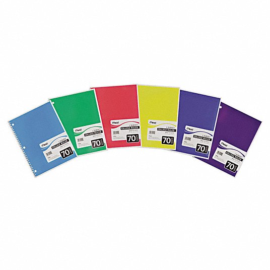 Notebook: 7-1/2 in x 10-1/2 in Sheet Size, College, White, 70 Sheets, 0% Recycled Content, Left