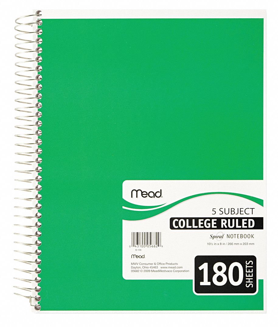 Notebook: 8 in x 10-1/2 in Sheet Size, College, White, 180 Sheets, 0% Recycled Content, Left