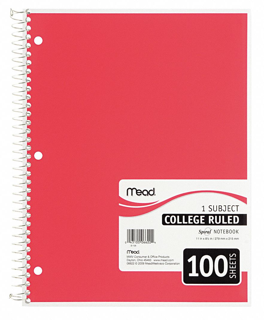 Notebook: 8 in x 11 in Sheet Size, College, White, 100 Sheets, 0% Recycled Content, Assorted