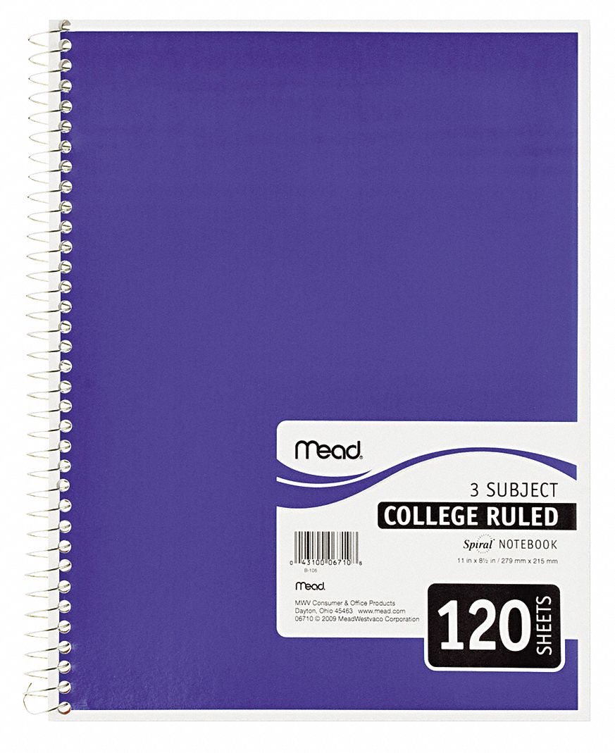 Notebook: 8 in x 11 in Sheet Size, College, White, 120 Sheets, 0% Recycled Content, Assorted