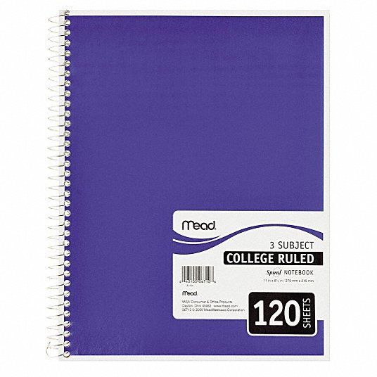 Notebook: 8 in x 11 in Sheet Size, College, White, 120 Sheets, 0% Recycled Content, Assorted