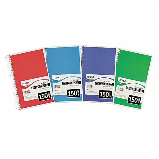 Notebook: 9-1/2 in x 5-1/2 in Sheet Size, College, White, 150 Sheets, 0% Recycled Content, Left