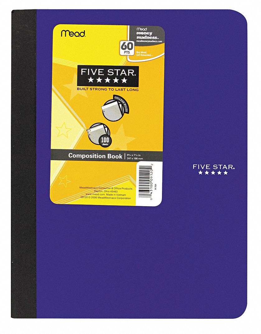 Notebook: 7-1/2 in x 9-3/4 in Sheet Size, College, White, 100 Sheets, 0% Recycled Content, Poly