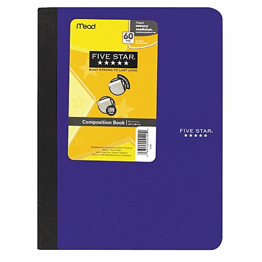 Notebook: 7-1/2 in x 9-3/4 in Sheet Size, College, White, 100 Sheets, 0% Recycled Content, Poly